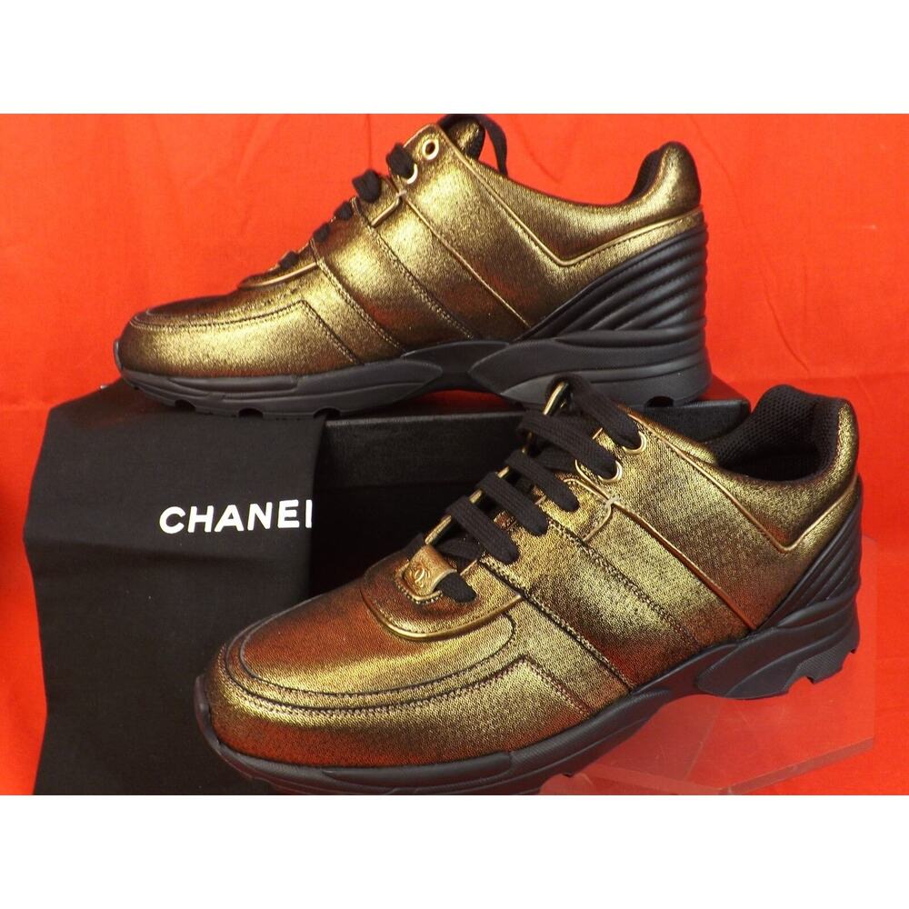 NIB CHANEL G31711 GOLDEN BROWN BLACK FABRIC LEATHER CC LOGO SNEAKERS 41